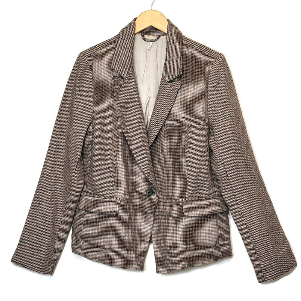 Free People Houndstooth Single Breasted Lightweight Linen Blazer Size M